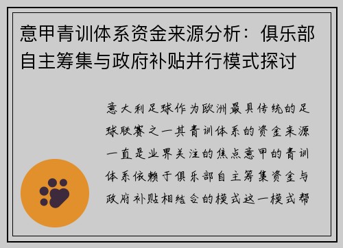 意甲青训体系资金来源分析：俱乐部自主筹集与政府补贴并行模式探讨